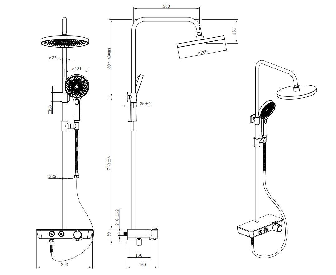 Kielle Oudee termostatický sprchový set, 260 mm, 3 prúdy, matná čierna